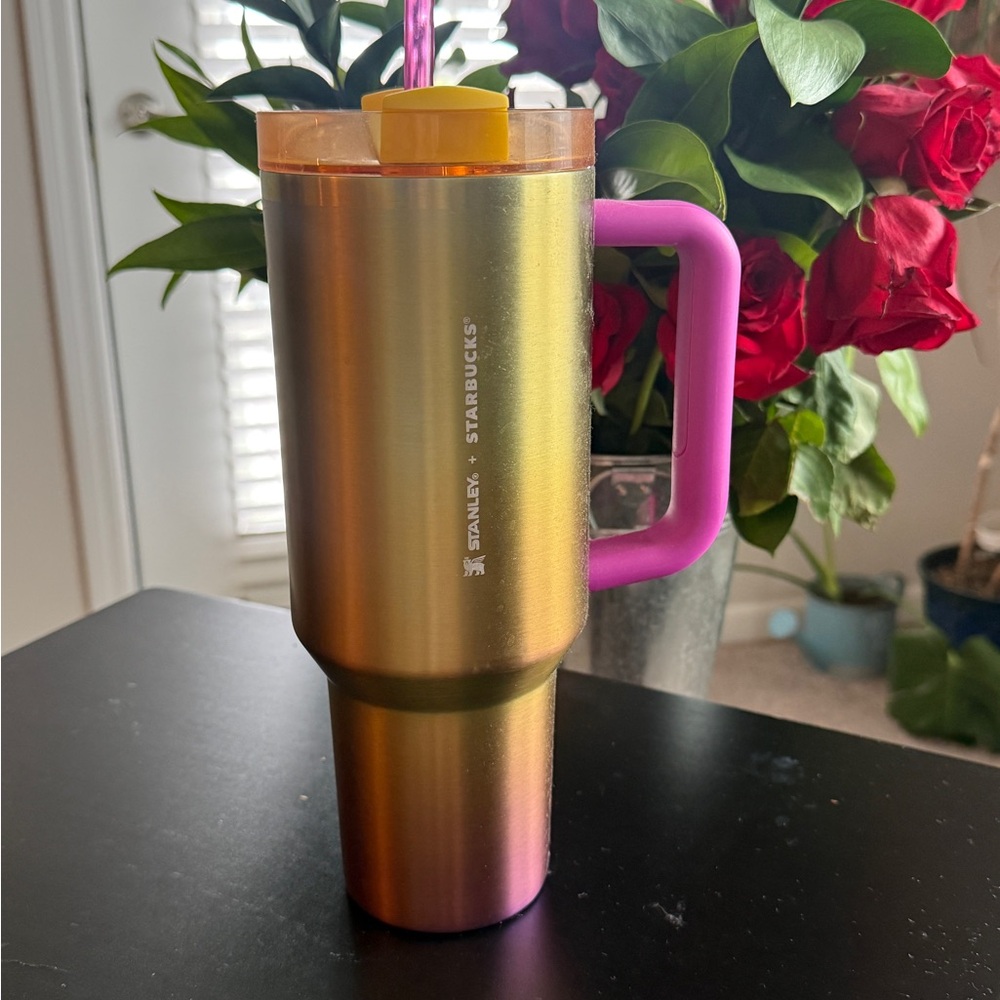 Starbucks Iridescent Gold Travel Mug with Pink Handle